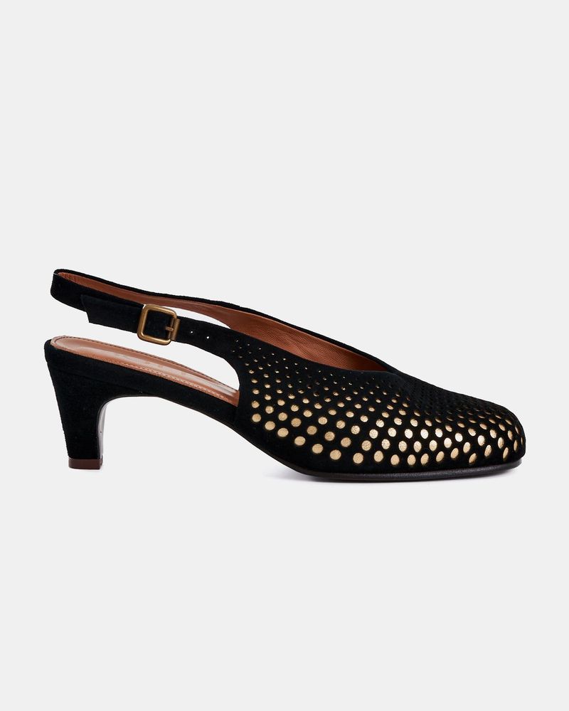 Scarpin Salto Liz Pingos Preto e Ouro