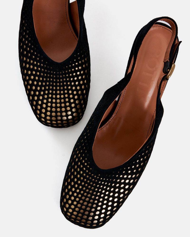 Scarpin Salto Liz Pingos Preto e Ouro
