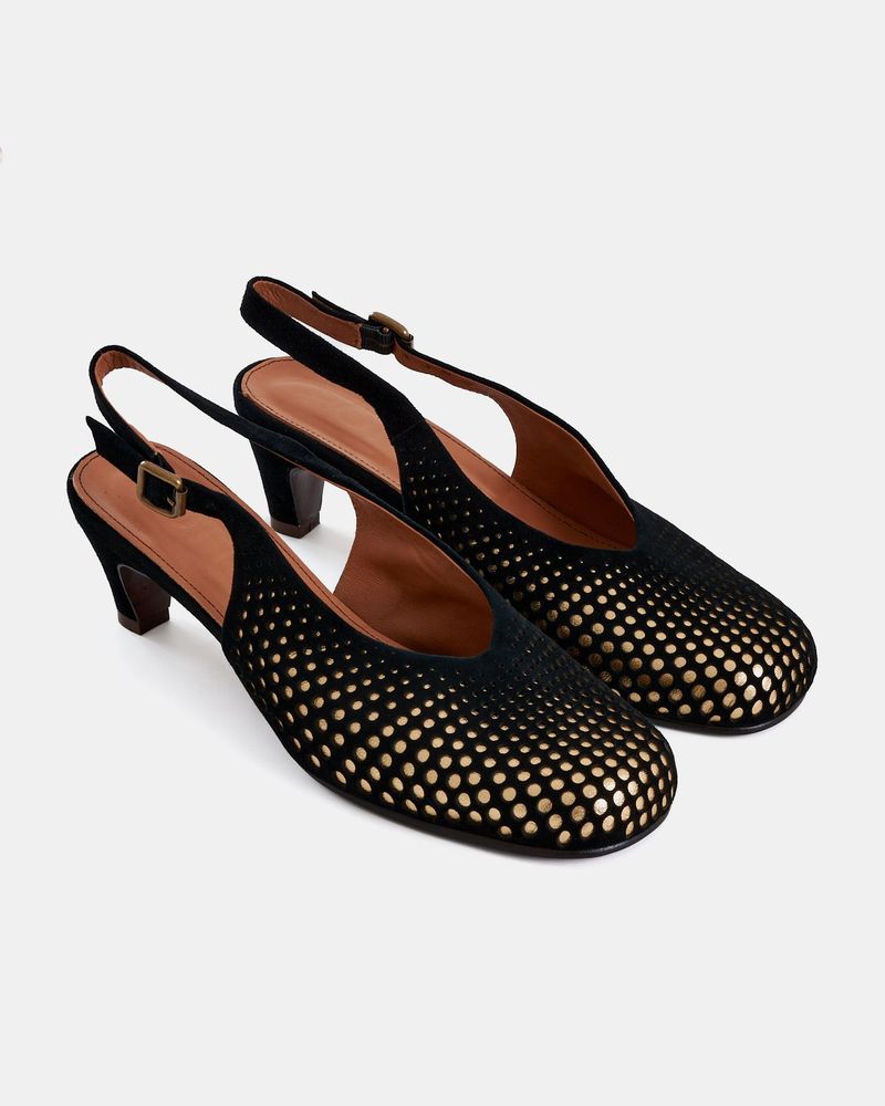 Scarpin Salto Liz Pingos Preto e Ouro