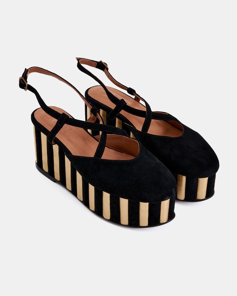 Sandália Salto Plataforma Caetana Preto e Ouro
