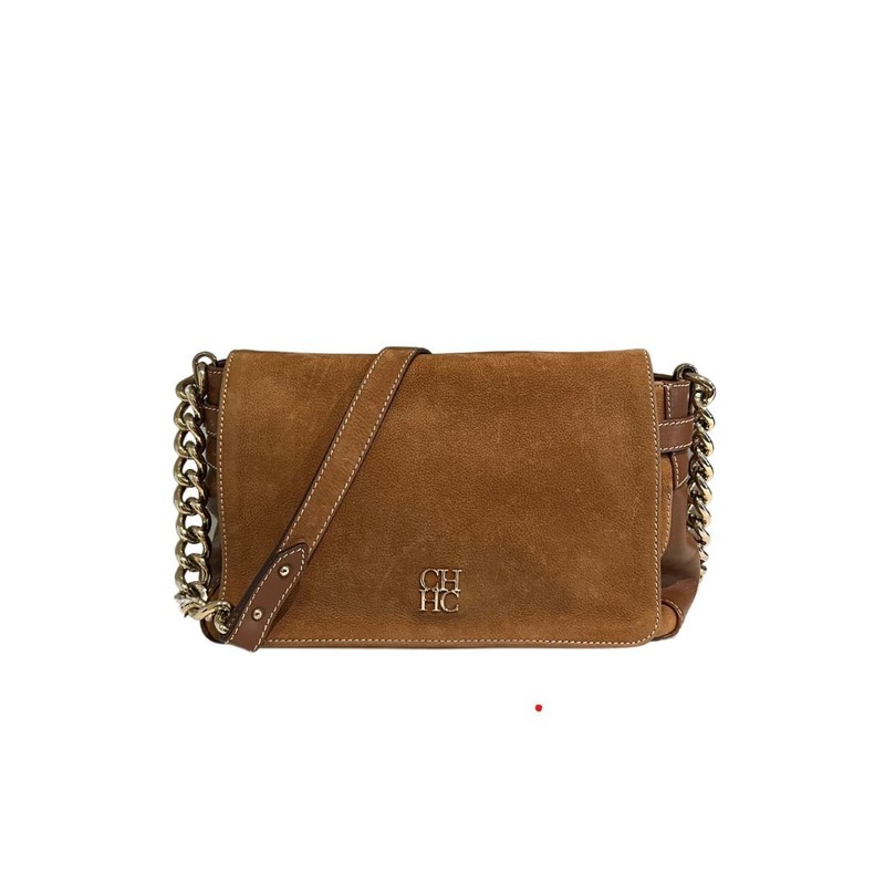 Bolsa Carolina Herrera Logo Flap Suede Caramelo