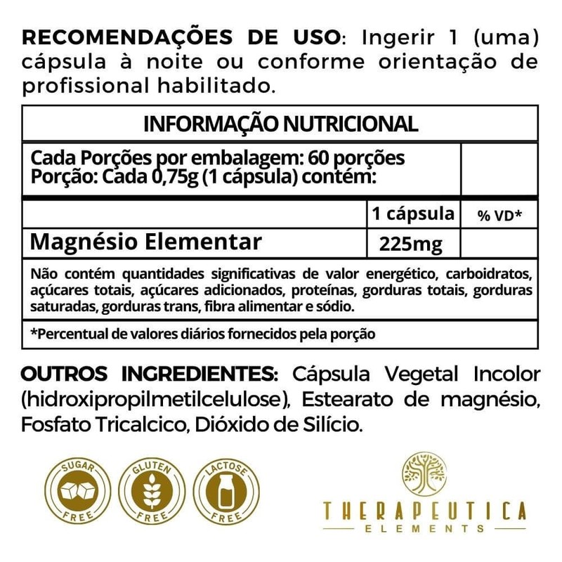 Magnésio Dimalato 750mg Vegan 60 Cápsulas Therapeutica Elements