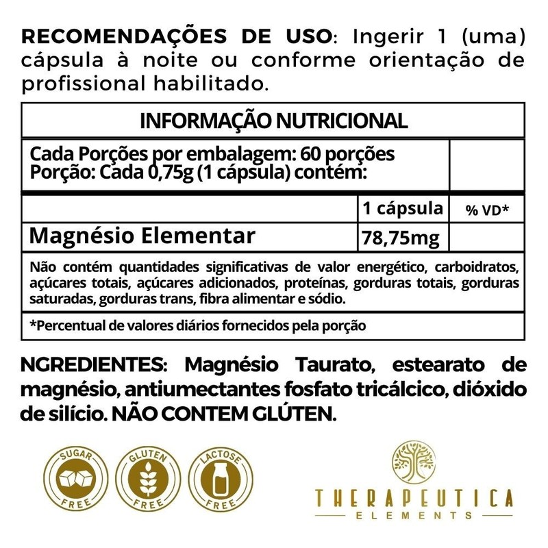 Magnésio Taurato 750mg Vegan 60 Cápsulas Therapeutica Elements