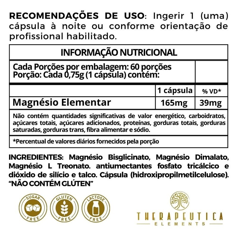 TrioMag 750mg Vegan (Magnésio Dimalato + L Treonato + Bisglicina) 60 Cápsulas Therapeutica Elements