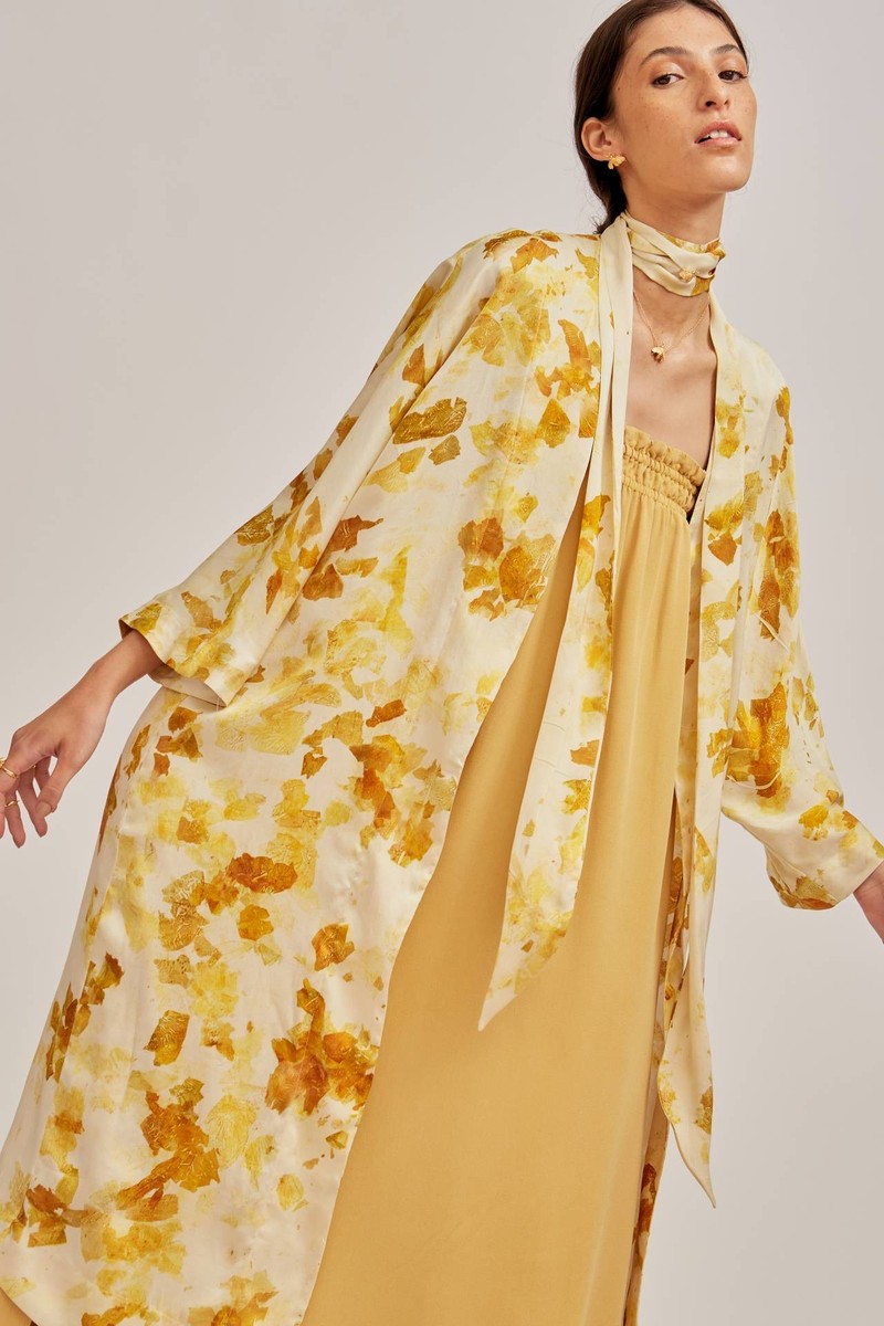 Kimono Longo Seda Impressão Botânica Betânia