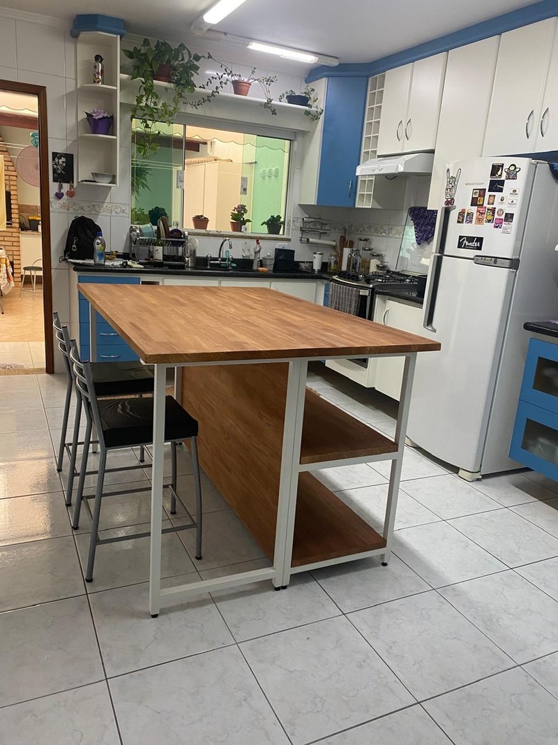 Mesa Ilha Cozinha 150x100x95alt em 2 módulos com prateleiras - Pinus 18 mm 