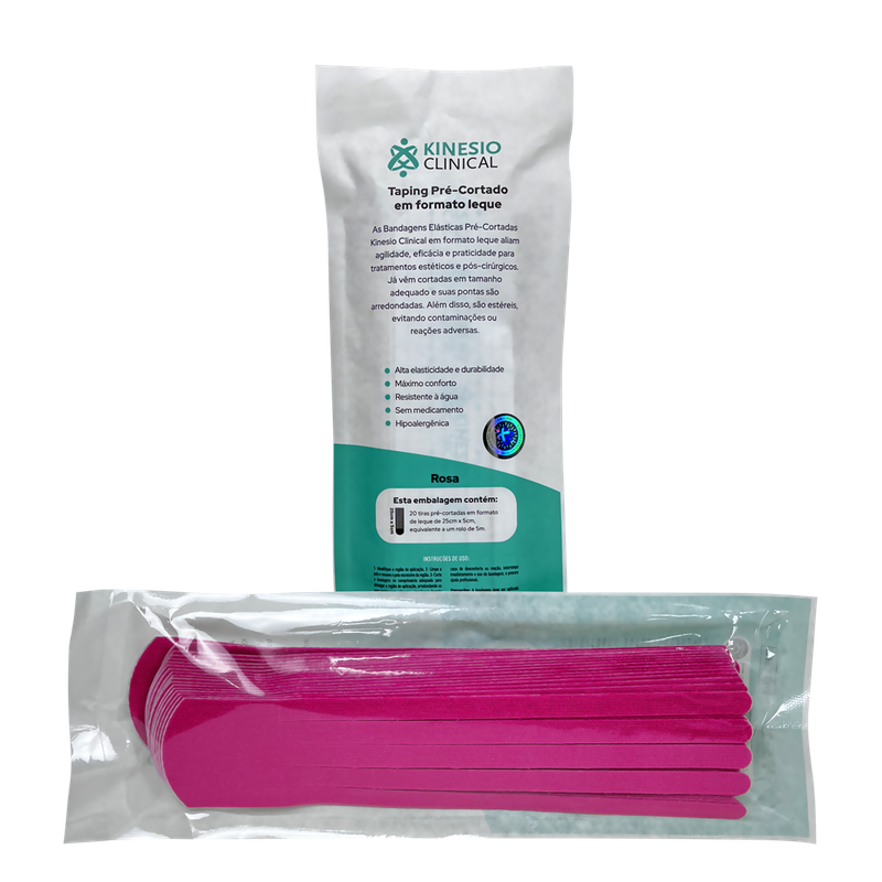 Bandagem Taping Pré-cortada Estéril LEQUE Rosa Kinesio Clinical 25cm x 5cm, 20 tiras