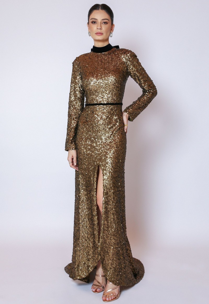 Vestido Longo Paetê Dourado