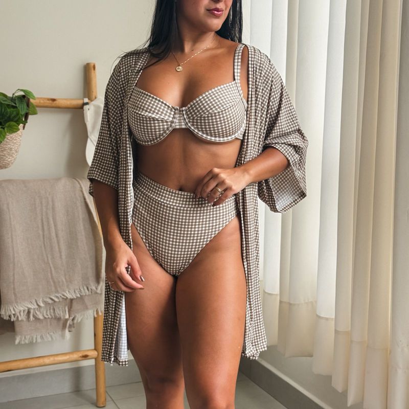 Kimono | Dois em Um Estampa Xadrez Marrom