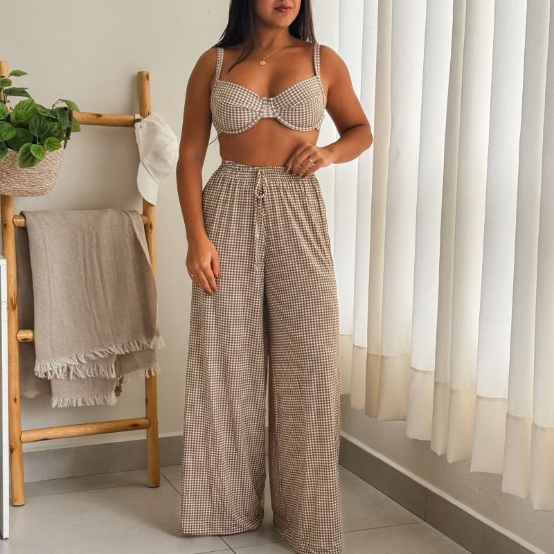 Calça Pantalona - Estampa Xadrez Marrom