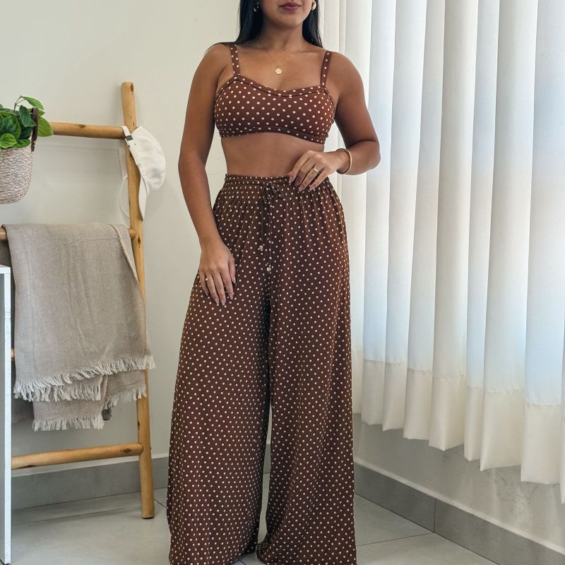 Calça Pantalona - Estampa Poá Marrom