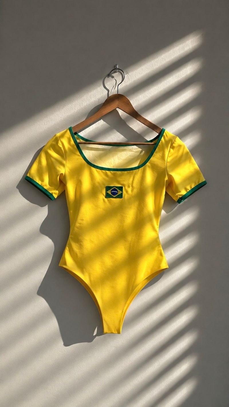 Body/Maiô Manga Curta Brasil Amarelo e verde