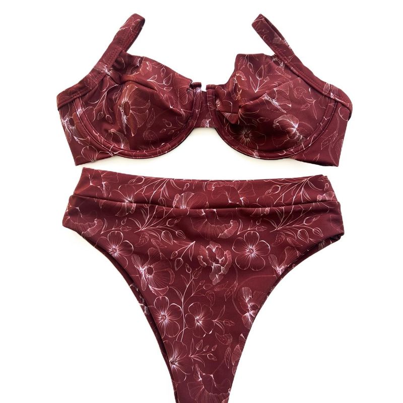 Conjunto Retrô Estampa Folhagem Bordô