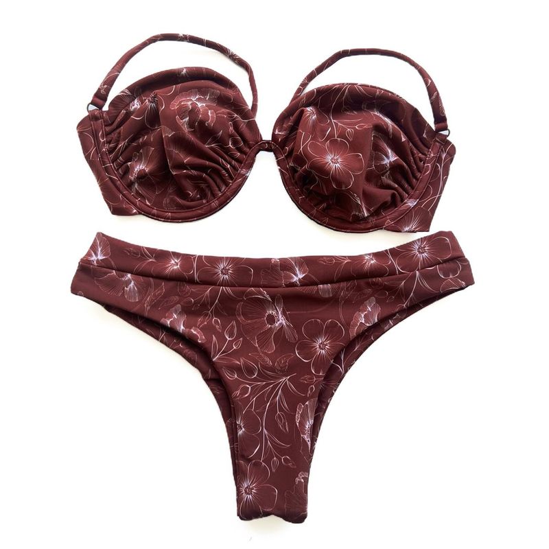 Conjunto Hawaii Meia Taça Estampa Folhagem Bordô
