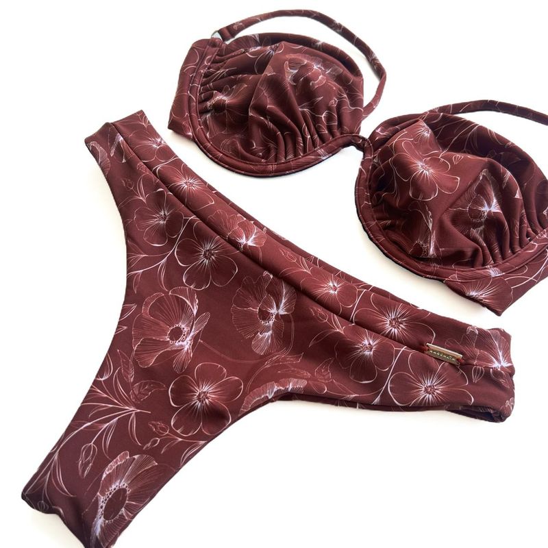 Conjunto Hawaii Meia Taça Estampa Folhagem Bordô