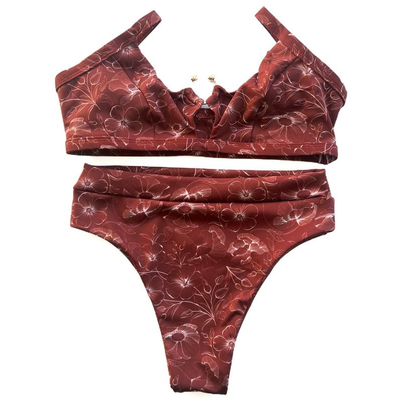 Conjunto Santorini Estampa Folhagem Bordô