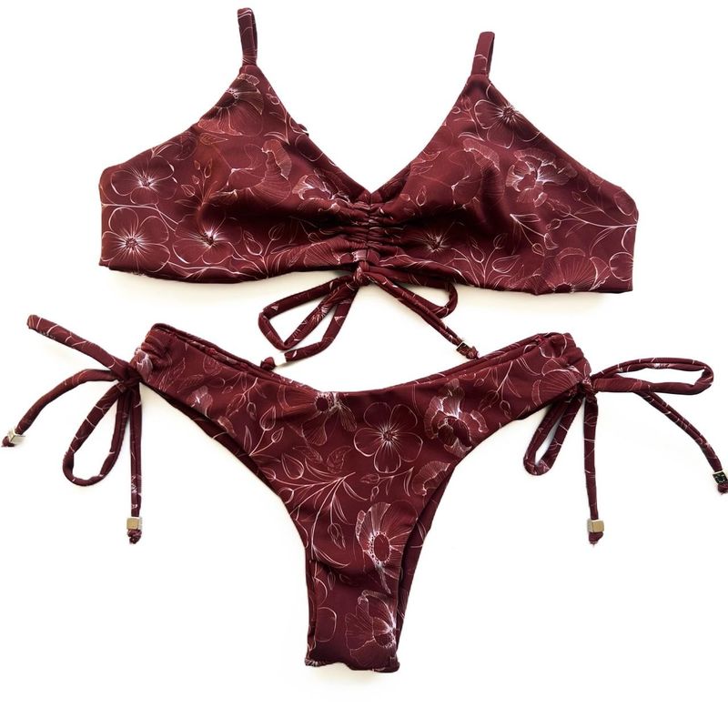 Conjunto Cancun Estampa Folhagem Bordô