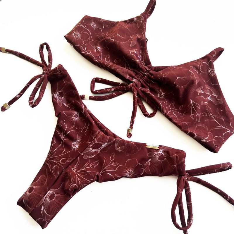 Conjunto Cancun Estampa Folhagem Bordô