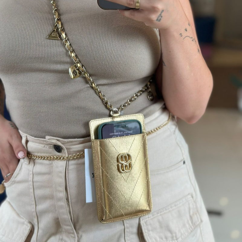BOLSA  SCHUTZ CROSSBODY PORTA CELULAR COURO DOURADO