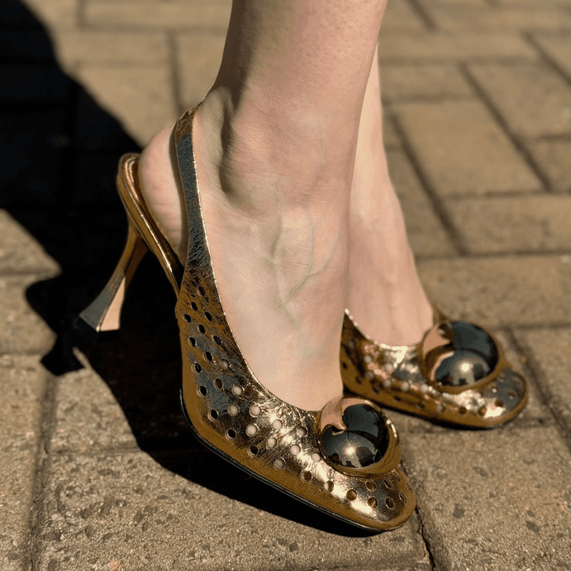 SAPATO VICENZA SLINGBACK VAZADO SALTO CARRETEL DOURADO P1164200010005