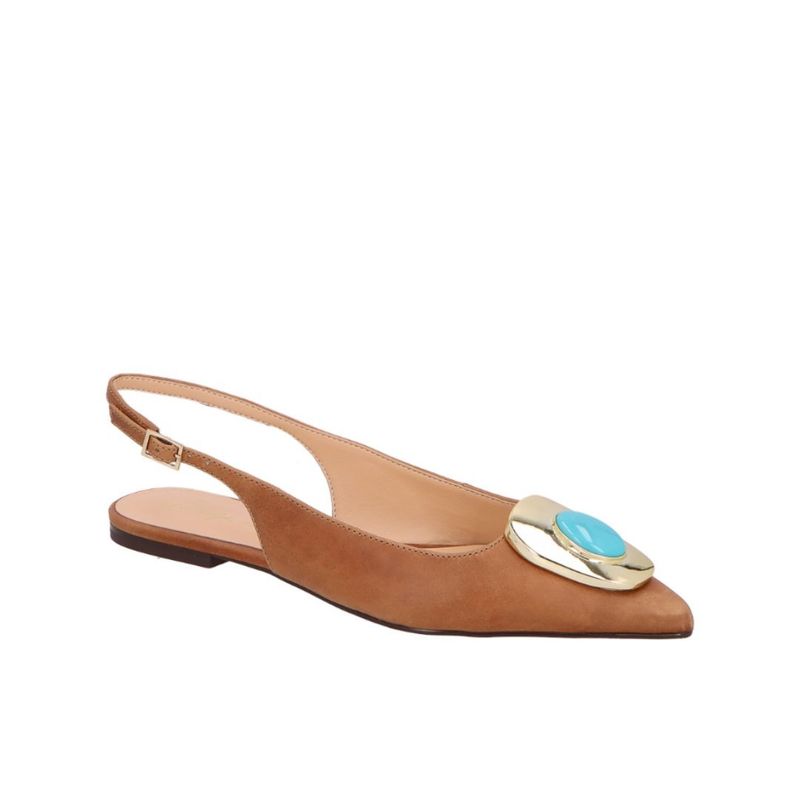 SAPATO LUIZA BARCELOS SLINGBACK CARAMELO PEDRA TURQUESA
