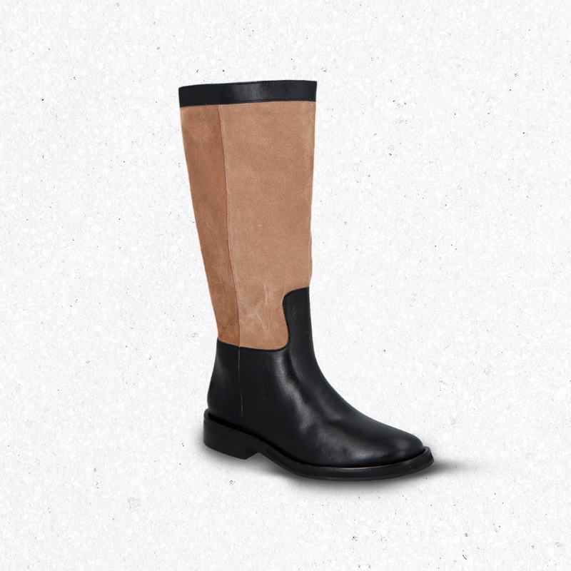 BOTA DE CANO LONGO EM COURO PRETO E CAMURÇA BEGE FENDI LUIZA BARCELOS