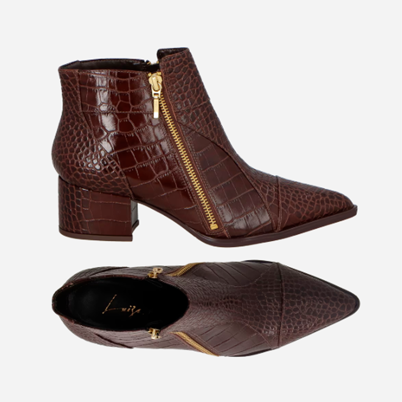 BOTA LUIZA BARCELOS CANO CURTO COURO CROCO MARROM