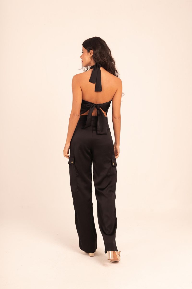 CALÇA CARGO DE CETIM CAMILLE PRETA