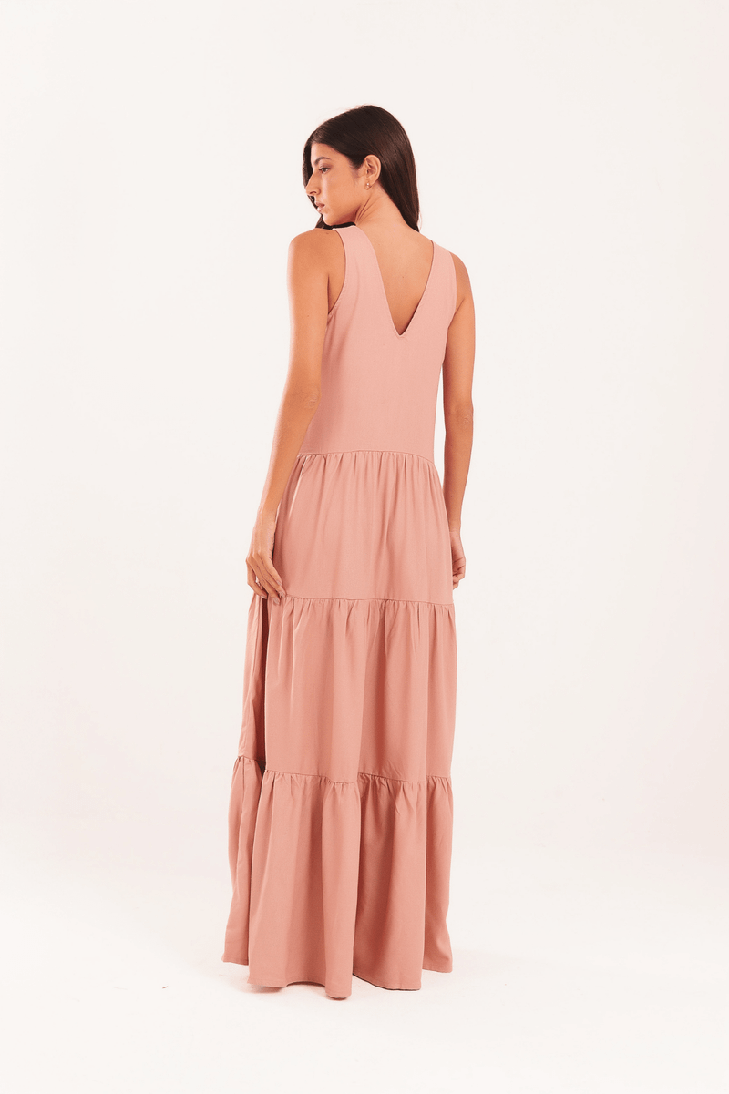 VESTIDO LONGO BABADOS LINHO
