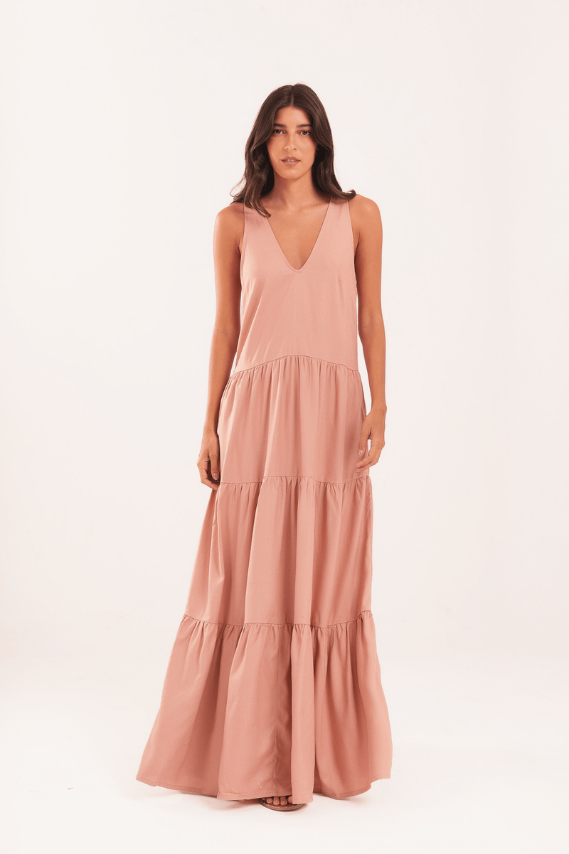 VESTIDO LONGO BABADOS LINHO