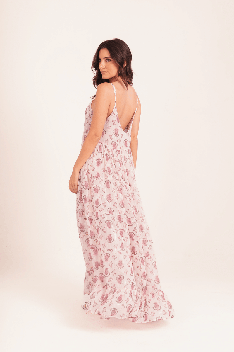 VESTIDO PAISLEY BABADO LONGO ROSA 