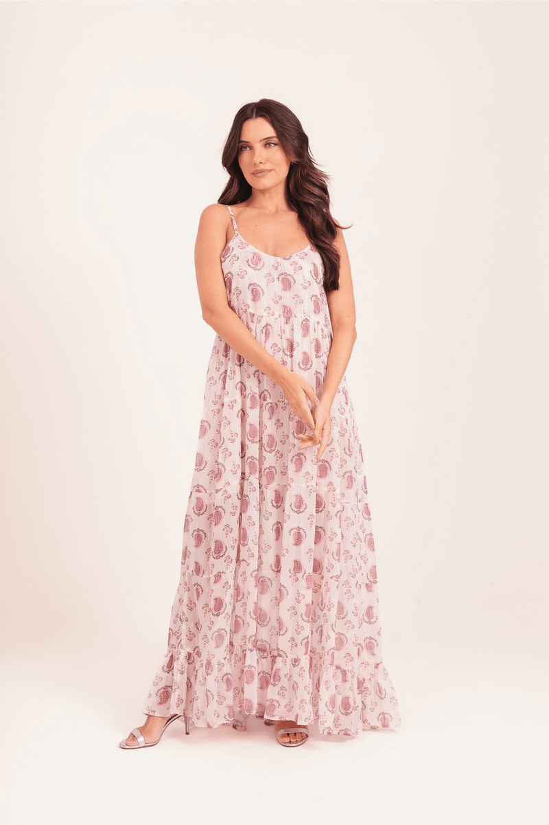 VESTIDO PAISLEY BABADO LONGO ROSA 