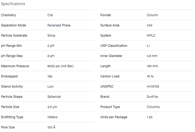 SunFire C18 Column, 100A, 3.5 µm, 4.6 mm X 150 mm - WATERS