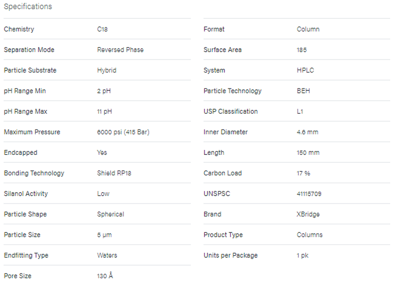 XBridge BEH Shield RP18 Column, 130Å, 5 μm, 4.6 mm X 150 mm - WATERS