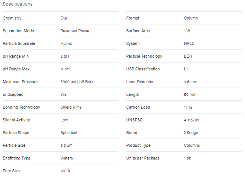 XBridge BEH Shield RP18 Column, 130A, 3.5 µm, 4.6 mm X 50 mm - WATERS