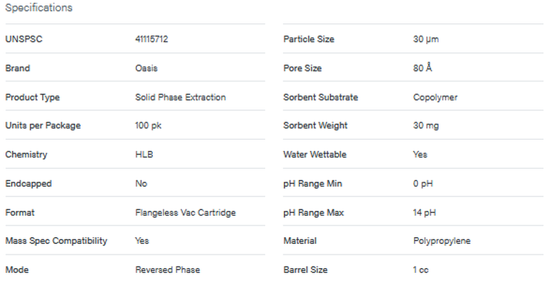 Oasis HLB 1 cc Flangeless Vac Cartridge, 30 mg Sorbent per Cartridge, 30 µm, 100/pk - WATERS