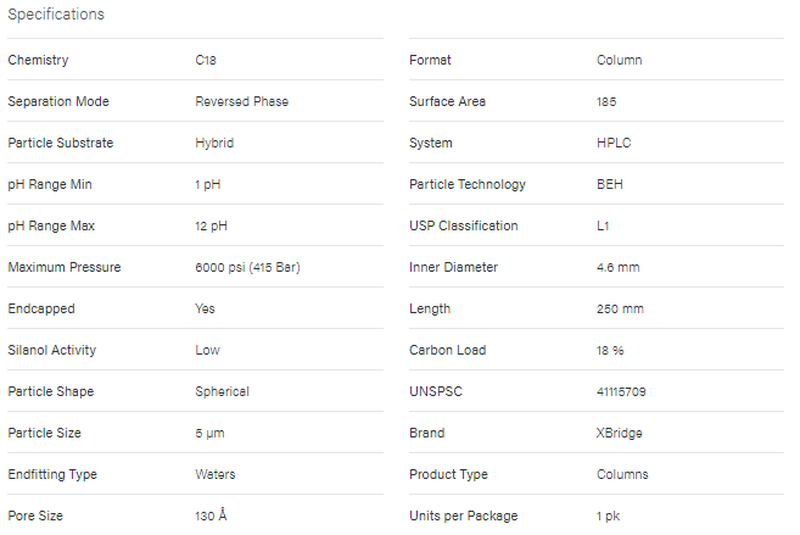 XBridge BEH C18 Column, 130A, 5 μm, 4.6 mm X 250 mm - WATERS