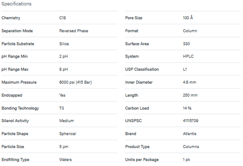 Atlantis T3 Column, 100A, 5 µm, 4.6 mm X 250 mm - WATERS