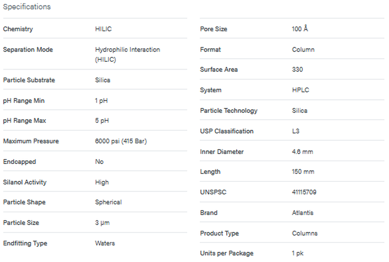 Atlantis Silica HILIC Column, 100Å, 3 µm, 4.6 mm X 150 mm - WATERS