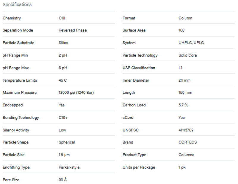 CORTECS C18+ Column, 90Å, 1.6 µm, 2.1 mm X 150 mm - WATERS