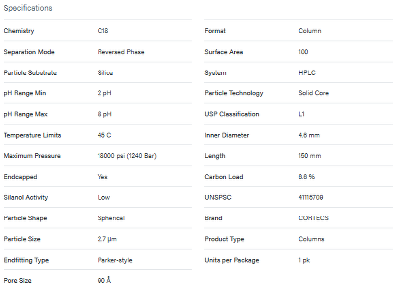 CORTECS C18 Column, 90A, 2.7 µm, 4.6 mm X 150 mm - WATERS
