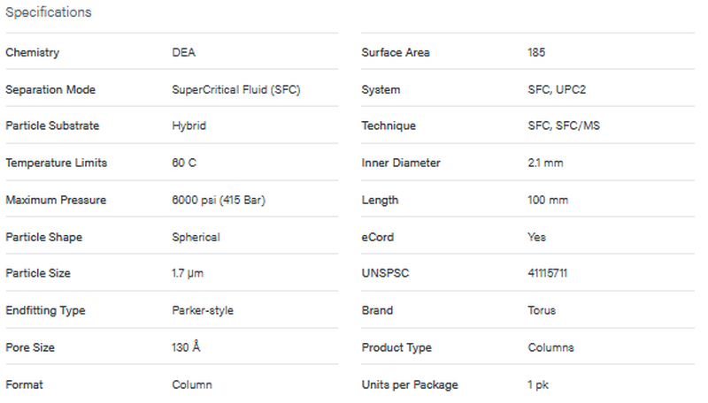 Torus DEA Column, 130A, 1.7 μm, 2.1 mm X 100 mm - WATERS