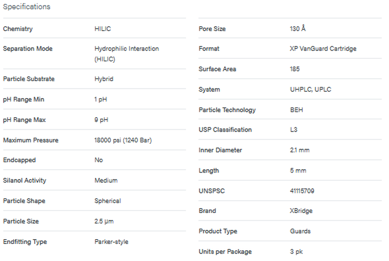 XBridge BEH HILIC XP VanGuard Cartridge, 130A, 2.5 μm, 2.1 mm X 5 mm, 3/pk - WATERS
