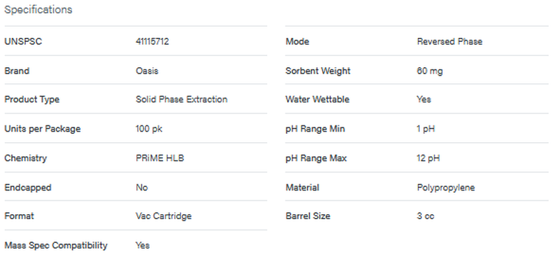 Oasis PRiME HLB 3 cc Vac Cartridge, 60 mg Sorbent per Cartridge, 100/pk - WATERS