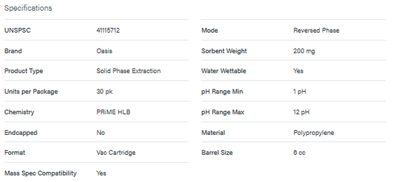 Oasis PRiME HLB 6 cc Vac Cartridge, 200 mg Sorbent per Cartridge, 30/pk - WATERS