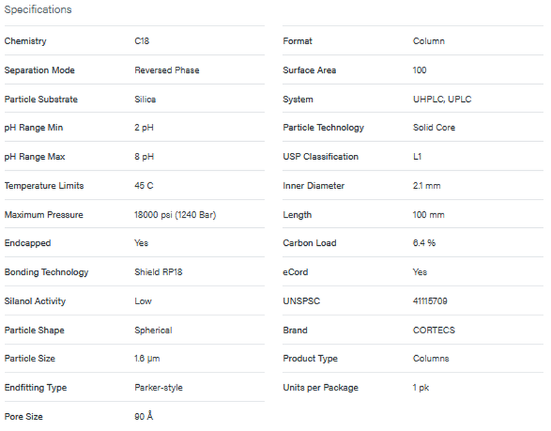 CORTECS Shield RP18 Column, 90Å, 1.6 µm, 2.1 mm X 100 mm - WATERS