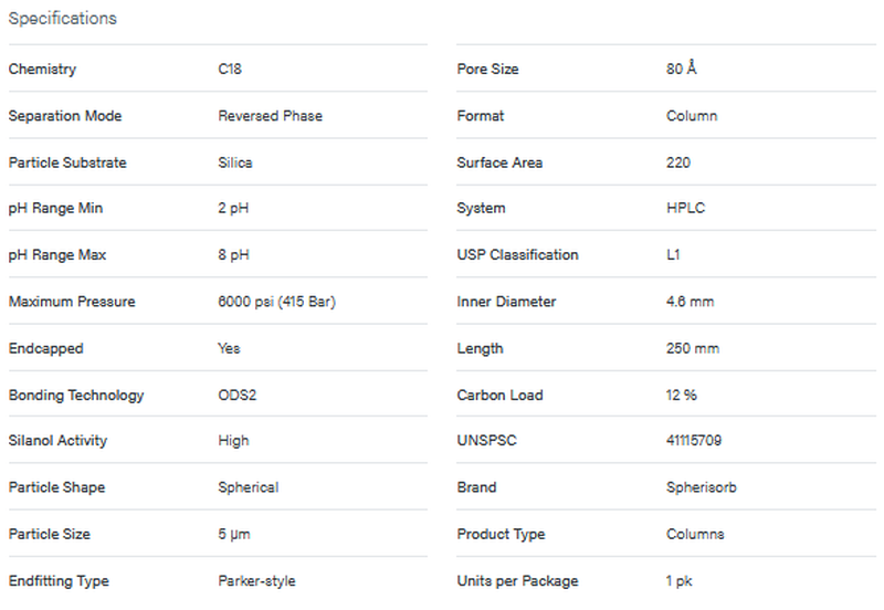 Spherisorb ODS2 Column, 80Å, 5 μm, 4.6 mm X 250 mm, 1/pk - WATERS
