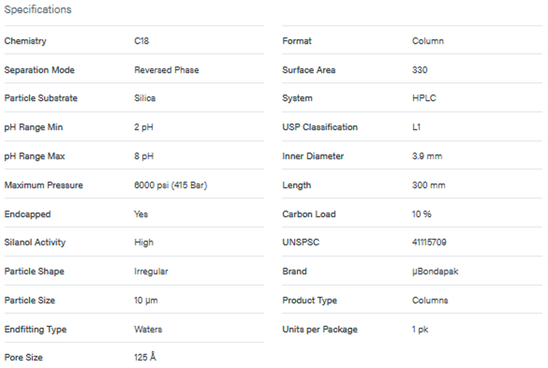 μBondapak C18 Column, 125A, 10 μm, 3.9 mm X 300 mm - WATERS