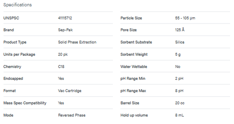 Sep-Pak C18 20 cc Vac Cartridge, 5 g Sorbent per Cartridge, 55 - 105 µm, 20/pk - WATERS