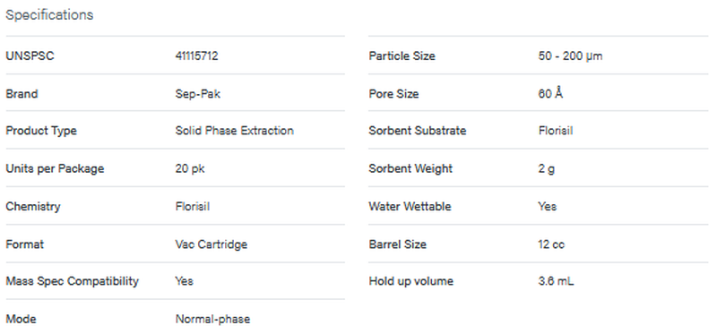 Sep-Pak Florisil 12 cc Vac Cartridge, 2 g Sorbent per Cartridge, 50 - 200 µm, 20/pk - WATERS